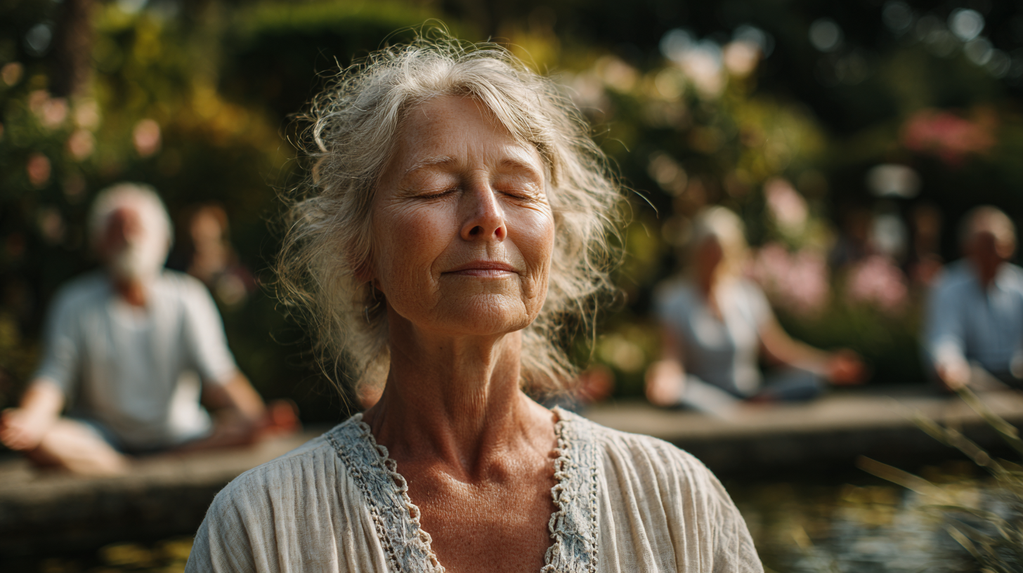 Seniori practicând yoga în grup, într-un cadru liniștit și armonios