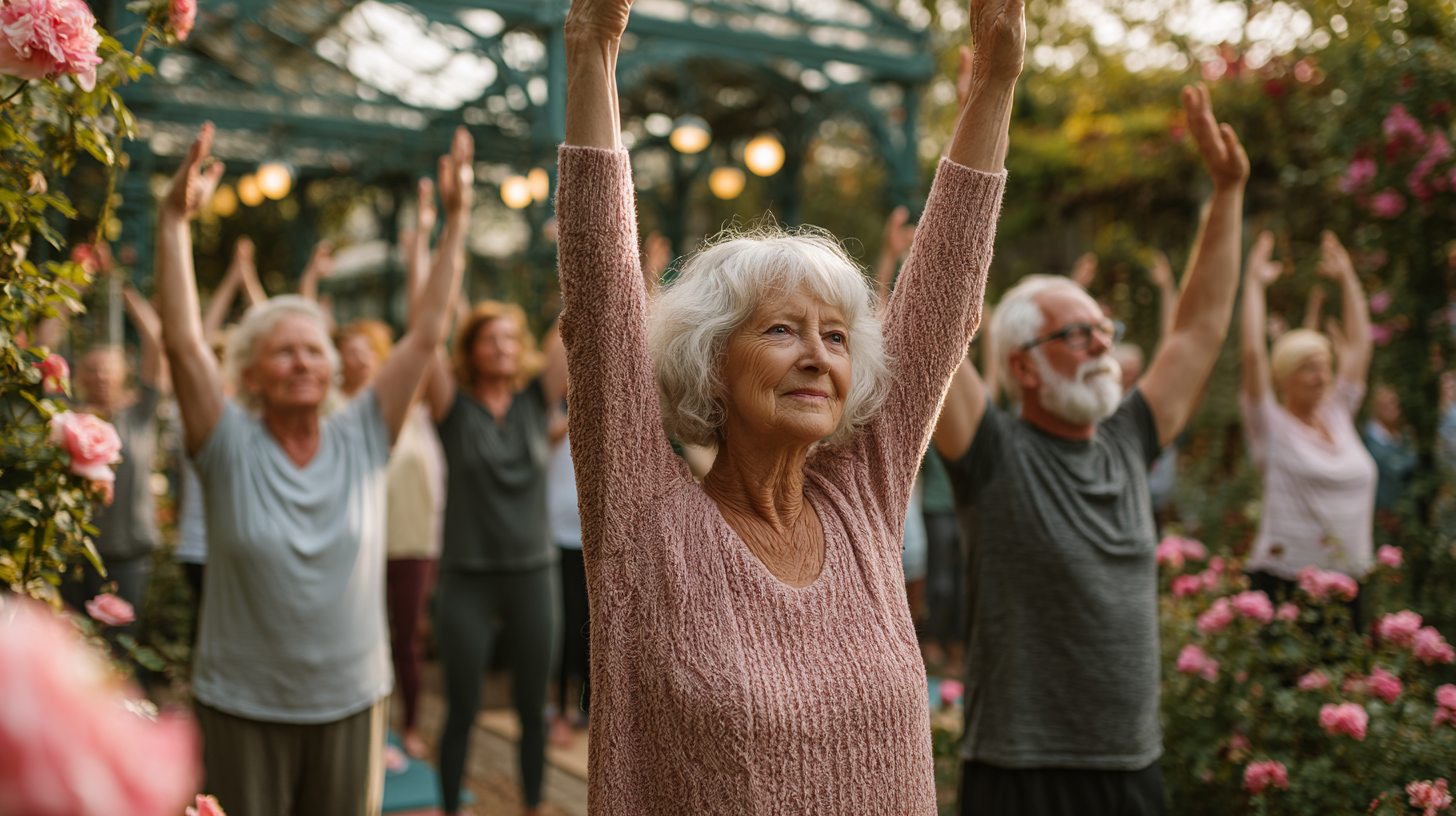 Grup multigenerațional de persoane practicing yoga în aer liber, zâmbind și simțindu-se împlinite